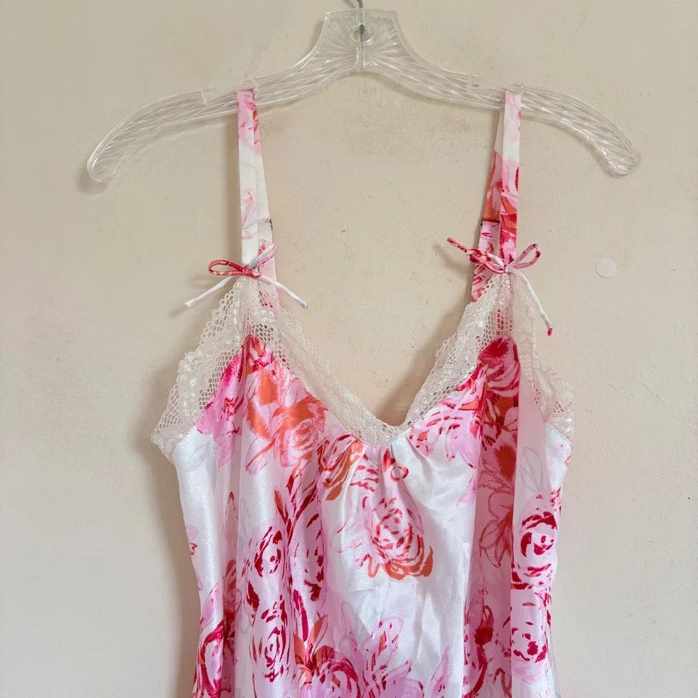Oscar de la Renta Pink Floral Satin Lace Trim Nightgown Chemise